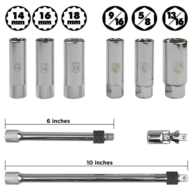 KAIFNT K201 Comprehensive Spark Plug Socket Set with Locking Extensions, 3/8-Inch Drive, 9-Piece - Image 2